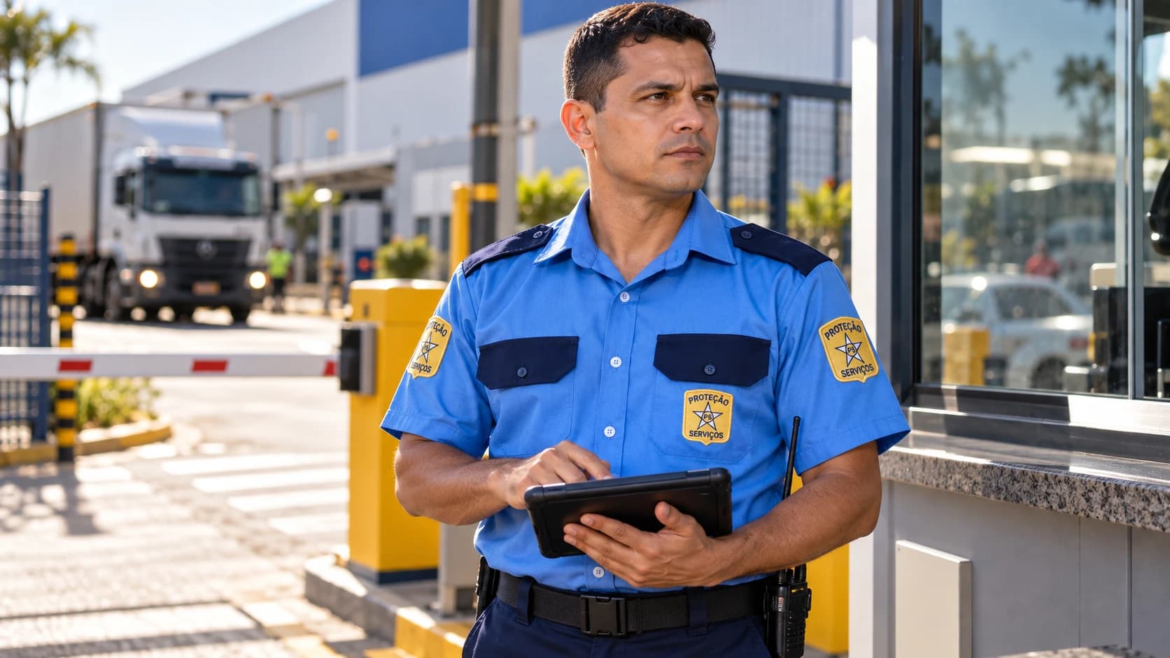 Profissional de portaria PS Proteção rigorosamente fardado